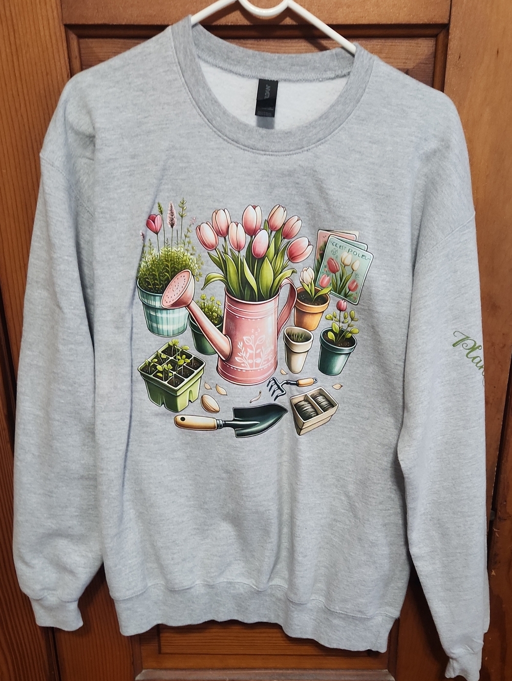 Gildan Light Gray Crewneck Sweatshirt with Pink Tulip Gardening Graphic